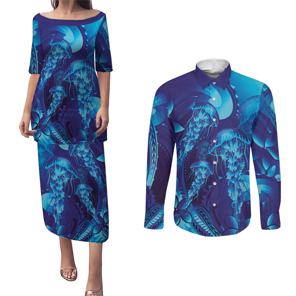 Purple Paradise Polynesia Jellyfish Couples Matching Puletasi and Long Sleeve Button Shirt Plumeria Polynesian Tattoo Glowing Vibes LT14 Purple - Polynesian Pride