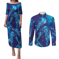 Purple Paradise Polynesia Jellyfish Couples Matching Puletasi and Long Sleeve Button Shirt Plumeria Polynesian Tattoo Glowing Vibes LT14 Purple - Polynesian Pride