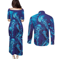 Purple Paradise Polynesia Jellyfish Couples Matching Puletasi and Long Sleeve Button Shirt Plumeria Polynesian Tattoo Glowing Vibes LT14 - Polynesian Pride