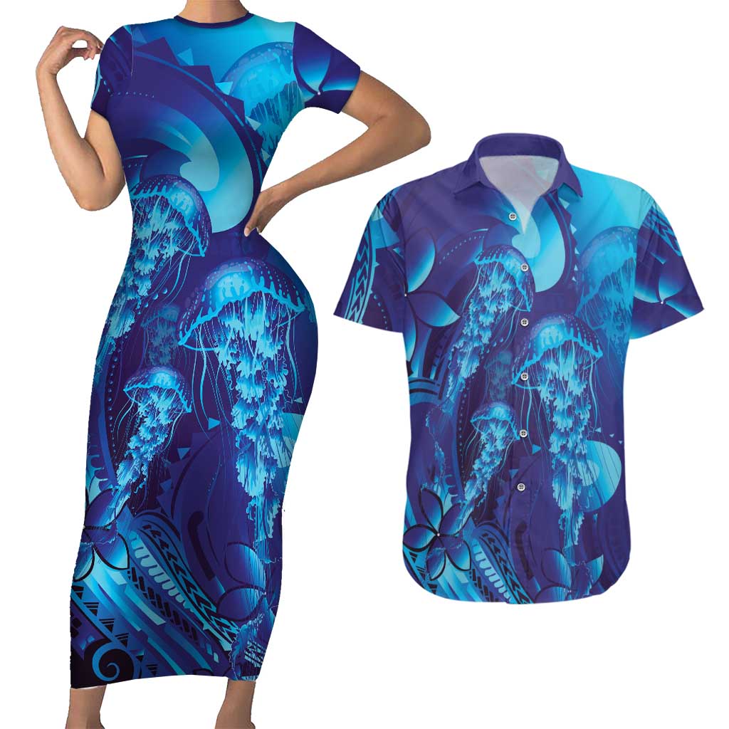 Purple Paradise Polynesia Jellyfish Couples Matching Short Sleeve Bodycon Dress and Hawaiian Shirt Plumeria Polynesian Tattoo Glowing Vibes LT14 Purple - Polynesian Pride