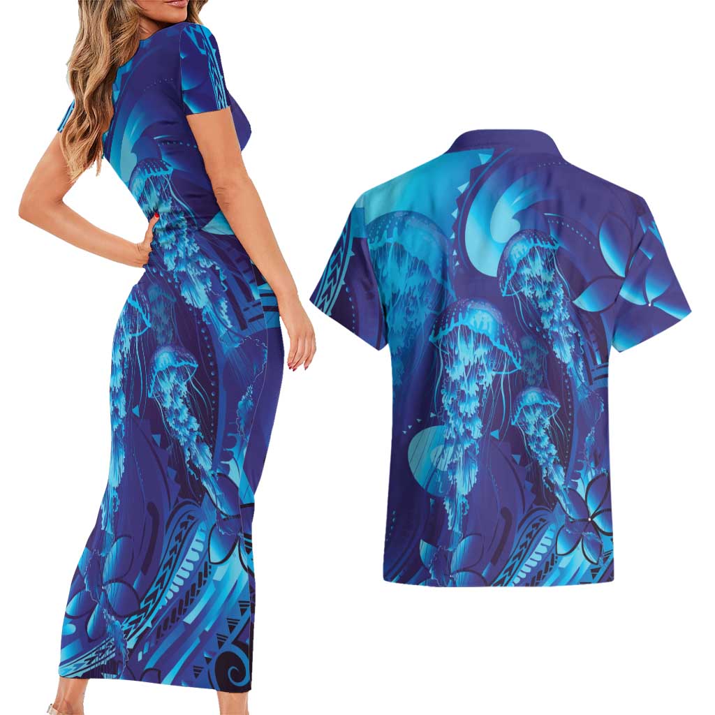 Purple Paradise Polynesia Jellyfish Couples Matching Short Sleeve Bodycon Dress and Hawaiian Shirt Plumeria Polynesian Tattoo Glowing Vibes LT14 - Polynesian Pride