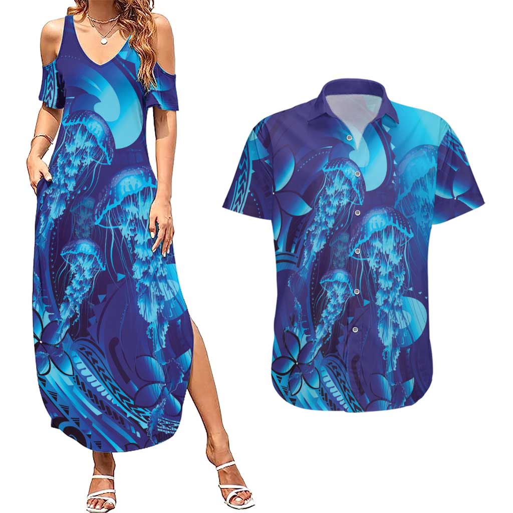 Purple Paradise Polynesia Jellyfish Couples Matching Summer Maxi Dress and Hawaiian Shirt Plumeria Polynesian Tattoo Glowing Vibes LT14 Purple - Polynesian Pride