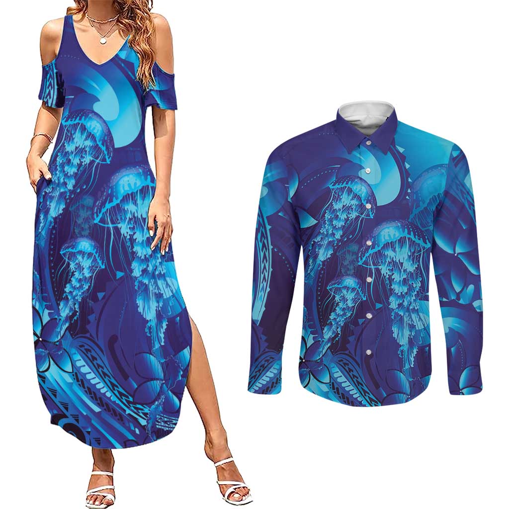 Purple Paradise Polynesia Jellyfish Couples Matching Summer Maxi Dress and Long Sleeve Button Shirt Plumeria Polynesian Tattoo Glowing Vibes LT14 Purple - Polynesian Pride