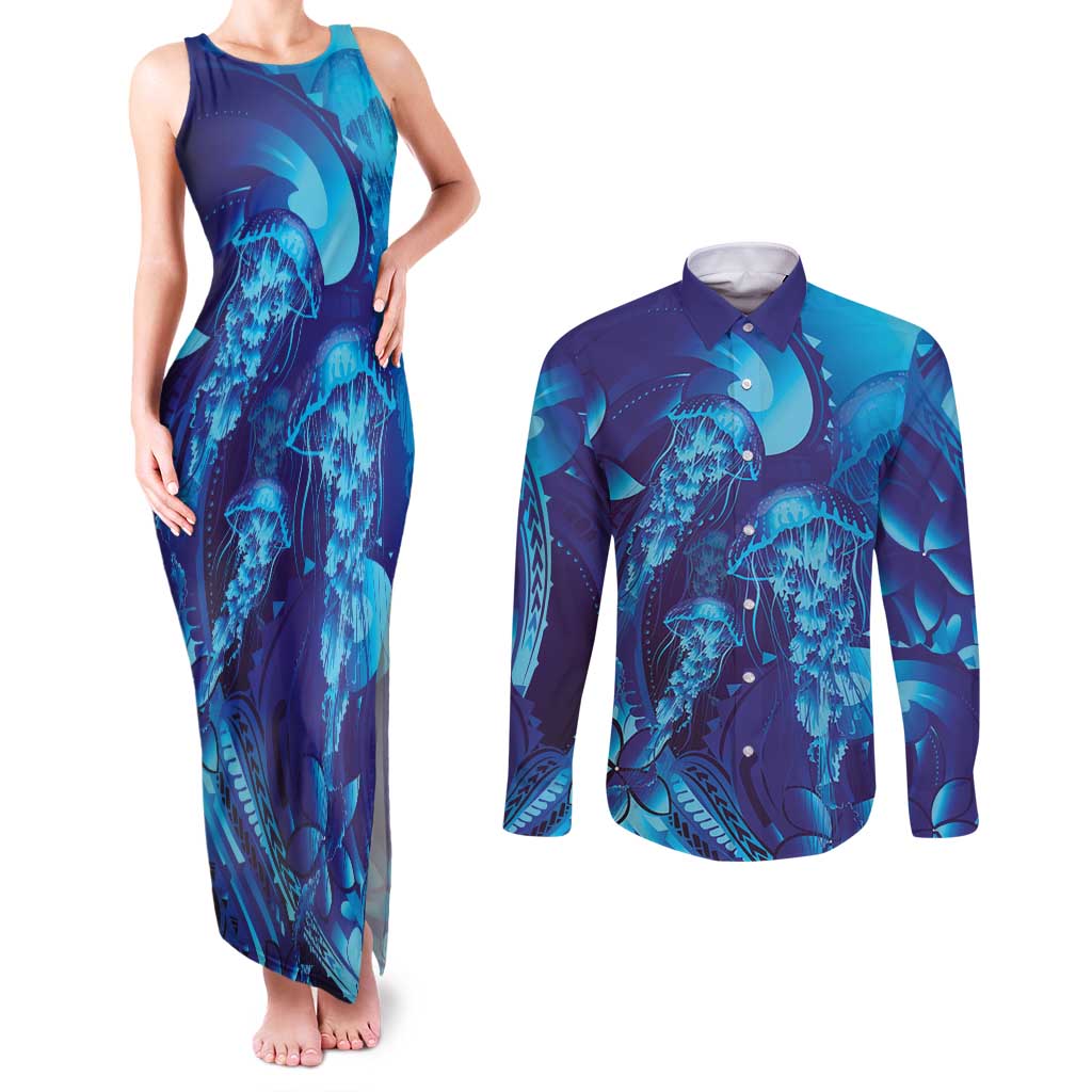 Purple Paradise Polynesia Jellyfish Couples Matching Tank Maxi Dress and Long Sleeve Button Shirt Plumeria Polynesian Tattoo Glowing Vibes LT14 Purple - Polynesian Pride