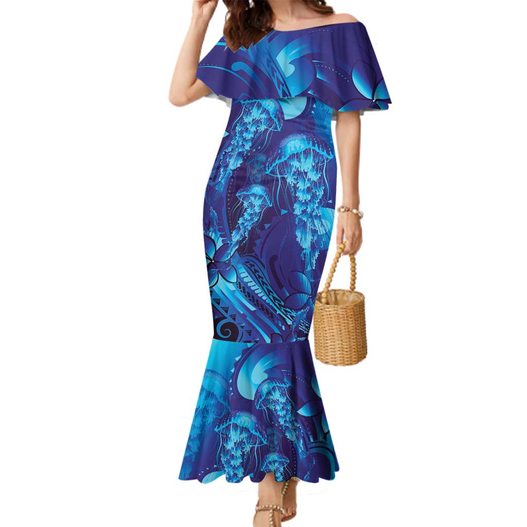 Purple Paradise Polynesia Jellyfish Family Matching Mermaid Dress and Hawaiian Shirt Plumeria Polynesian Tattoo Glowing Vibes LT14 Mom's Dress Purple - Polynesian Pride