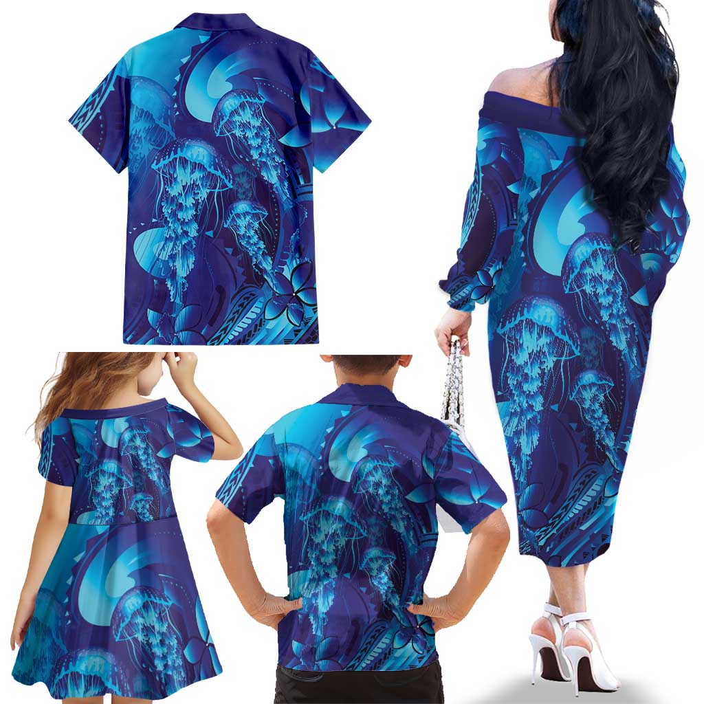 Purple Paradise Polynesia Jellyfish Family Matching Off The Shoulder Long Sleeve Dress and Hawaiian Shirt Plumeria Polynesian Tattoo Glowing Vibes LT14 - Polynesian Pride