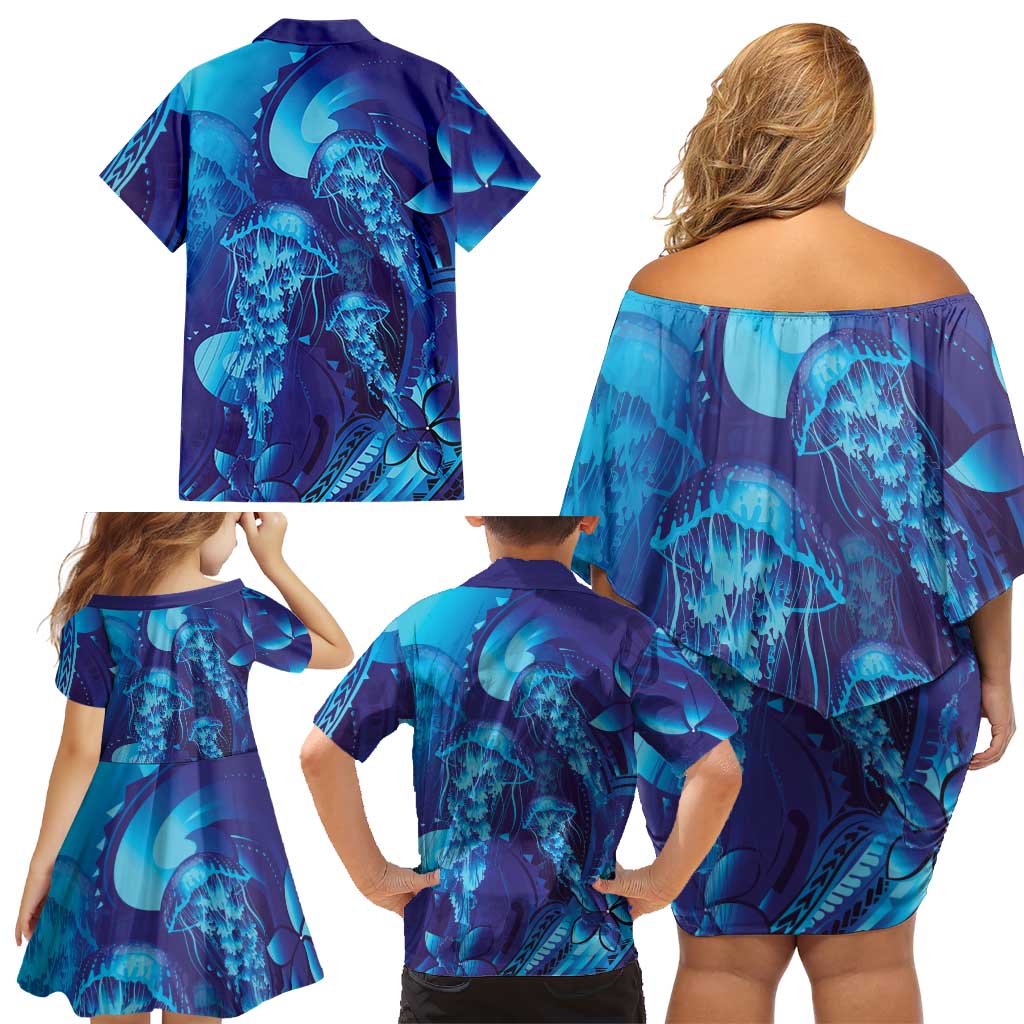 Purple Paradise Polynesia Jellyfish Family Matching Off Shoulder Short Dress and Hawaiian Shirt Plumeria Polynesian Tattoo Glowing Vibes LT14 - Polynesian Pride