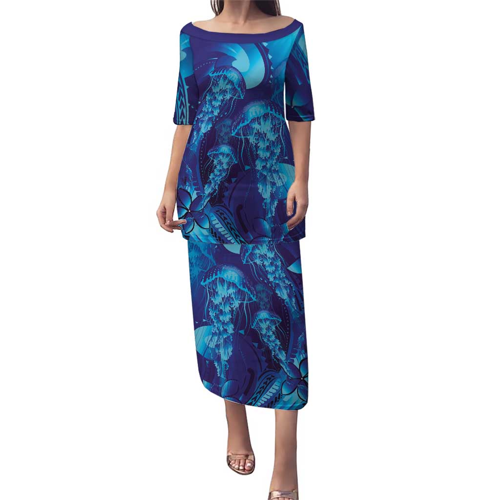 Purple Paradise Polynesia Jellyfish Family Matching Puletasi and Hawaiian Shirt Plumeria Polynesian Tattoo Glowing Vibes LT14 Mom's Dress Purple - Polynesian Pride