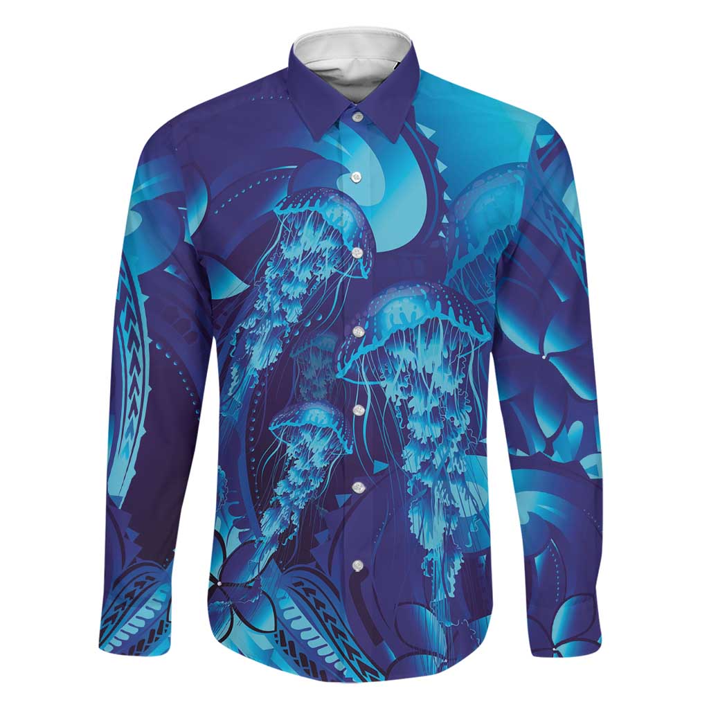 Purple Paradise Polynesia Jellyfish Family Matching Summer Maxi Dress and Hawaiian Shirt Plumeria Polynesian Tattoo Glowing Vibes LT14 Dad's Shirt - Long Sleeve Purple - Polynesian Pride