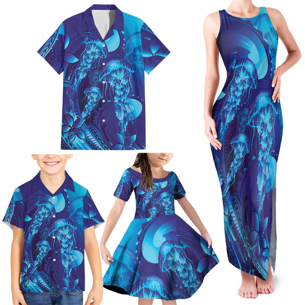 Purple Paradise Polynesia Jellyfish Family Matching Tank Maxi Dress and Hawaiian Shirt Plumeria Polynesian Tattoo Glowing Vibes LT14 - Polynesian Pride