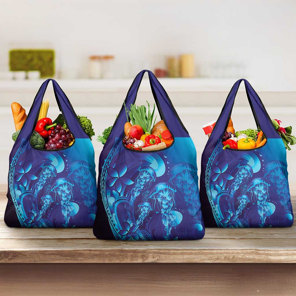 Purple Paradise Polynesia Jellyfish Grocery Bag Plumeria Polynesian Tattoo Glowing Vibes