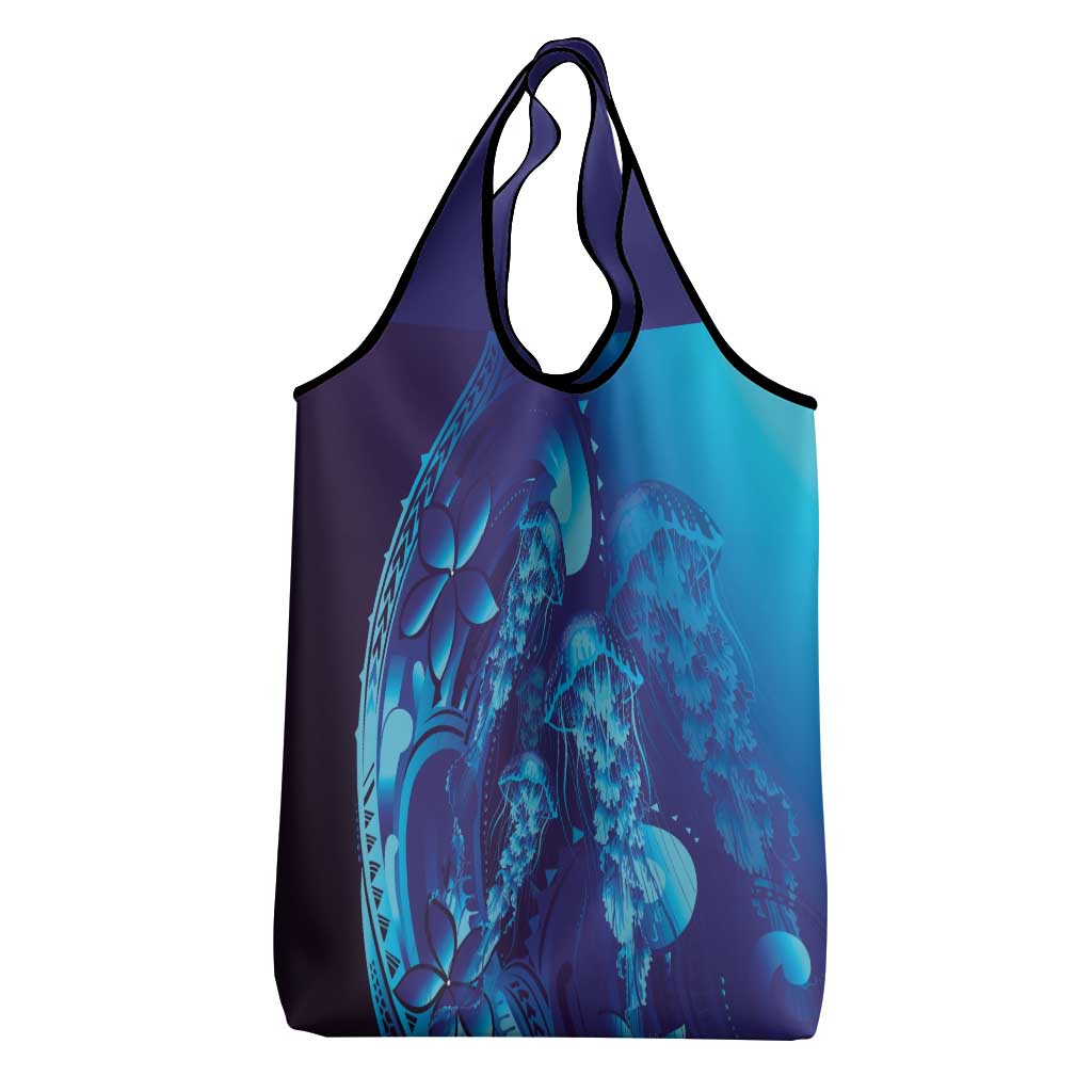 Purple Paradise Polynesia Jellyfish Grocery Bag Plumeria Polynesian Tattoo Glowing Vibes