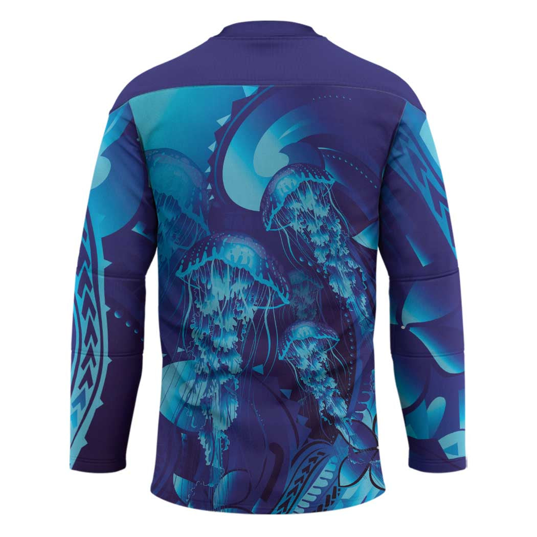 Purple Paradise Polynesia Jellyfish Hockey Jersey Plumeria Polynesian Tattoo Glowing Vibes