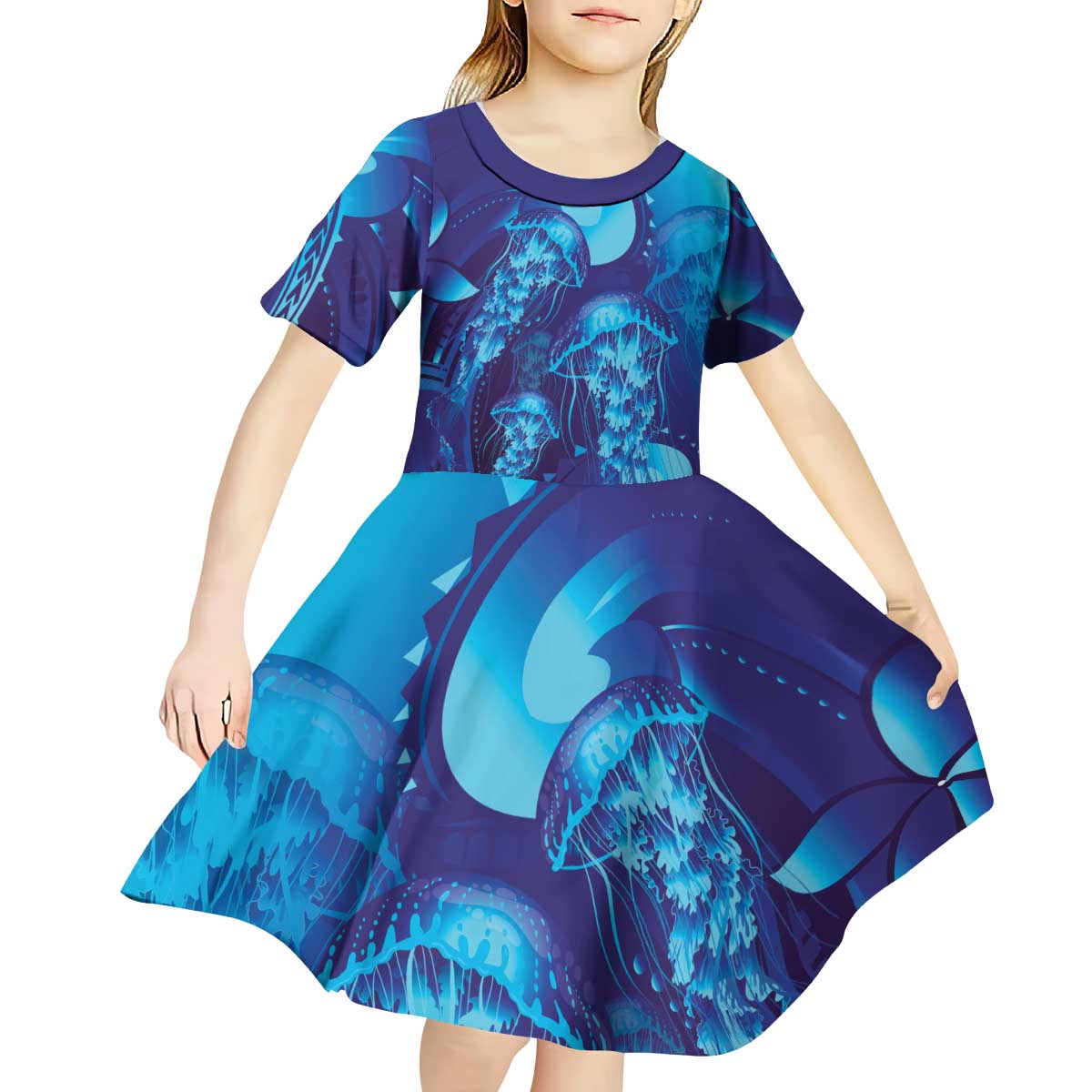 Purple Paradise Polynesia Jellyfish Kid Short Sleeve Dress Plumeria Polynesian Tattoo Glowing Vibes LT14 - Polynesian Pride