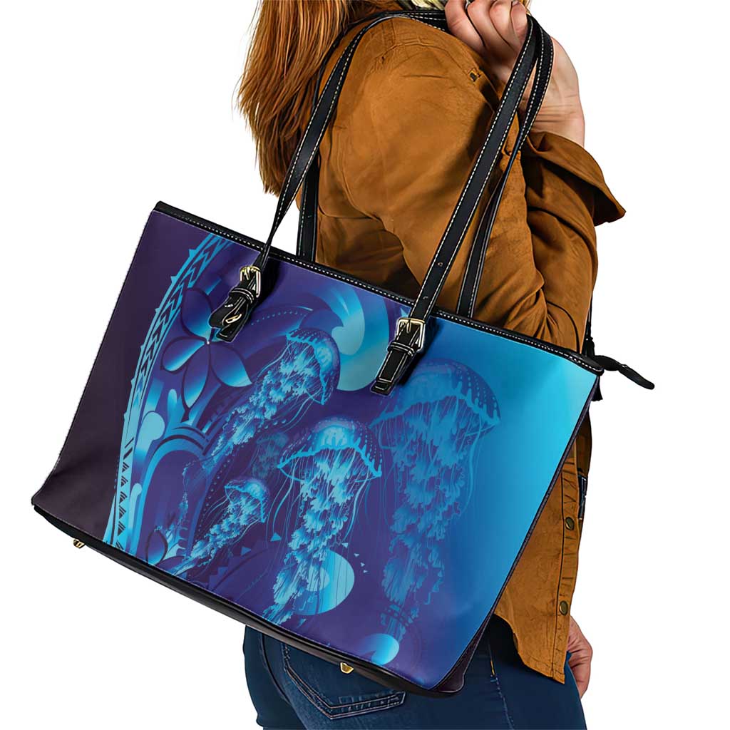 Purple Paradise Polynesia Jellyfish Leather Tote Bag Plumeria Polynesian Tattoo Glowing Vibes
