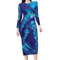 Purple Paradise Polynesia Jellyfish Long Sleeve Bodycon Dress Plumeria Polynesian Tattoo Glowing Vibes LT14 Long Dress Purple - Polynesian Pride