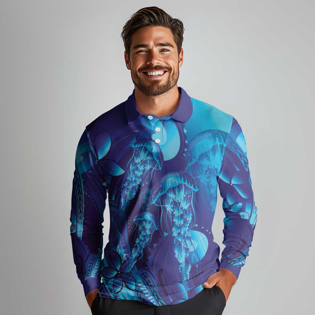 Purple Paradise Polynesia Jellyfish Long Sleeve Polo Shirt Plumeria Polynesian Tattoo Glowing Vibes LT14 - Polynesian Pride