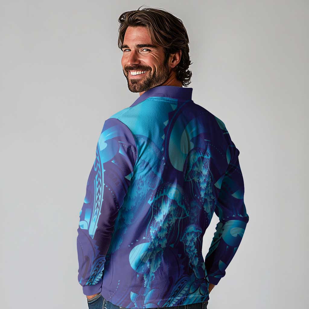 Purple Paradise Polynesia Jellyfish Long Sleeve Polo Shirt Plumeria Polynesian Tattoo Glowing Vibes LT14 - Polynesian Pride