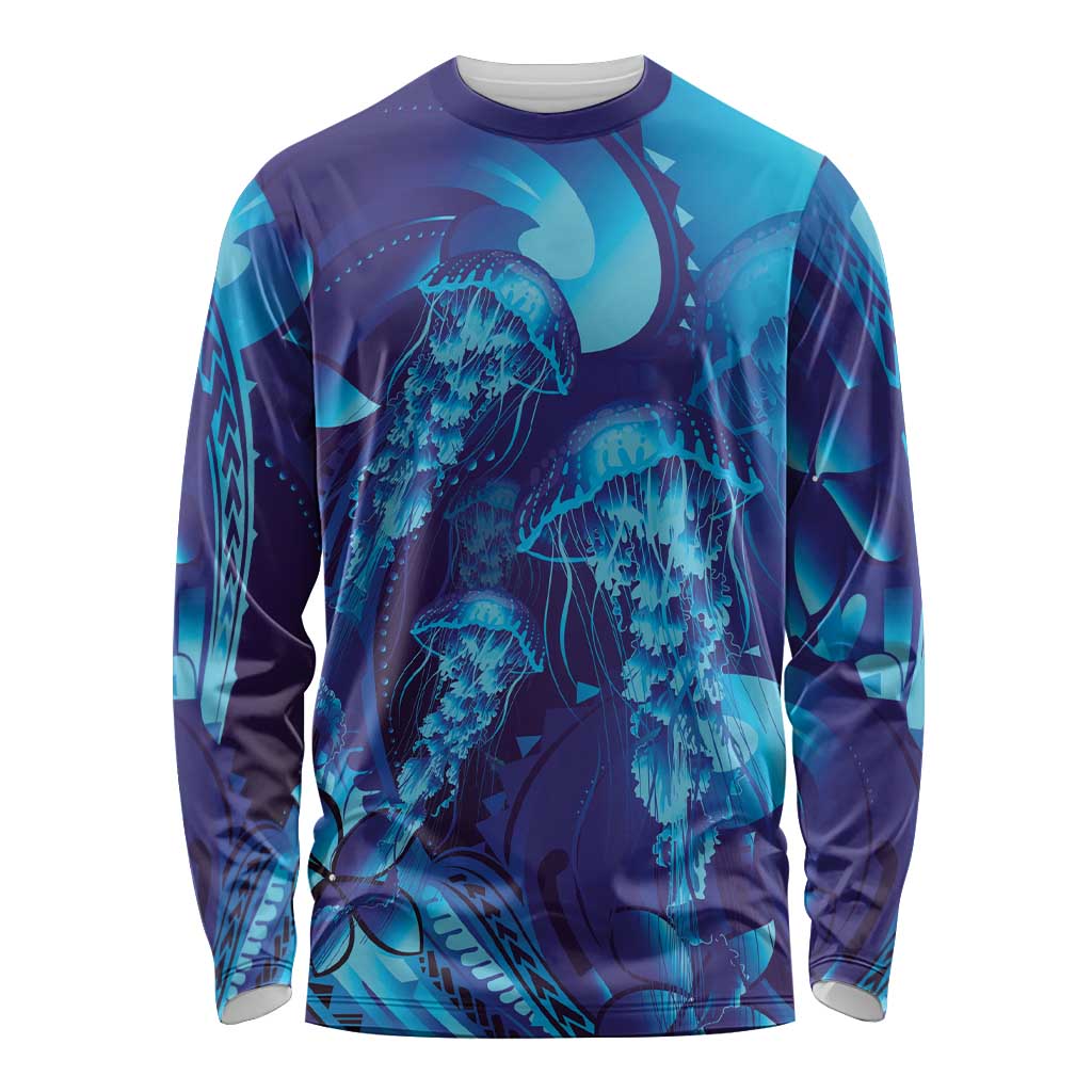 Purple Paradise Polynesia Jellyfish Long Sleeve Shirt Plumeria Polynesian Tattoo Glowing Vibes