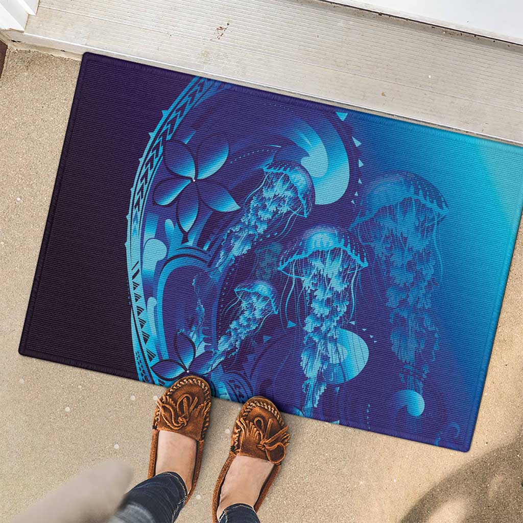 Purple Paradise Polynesia Jellyfish Rubber Doormat Plumeria Polynesian Tattoo Glowing Vibes