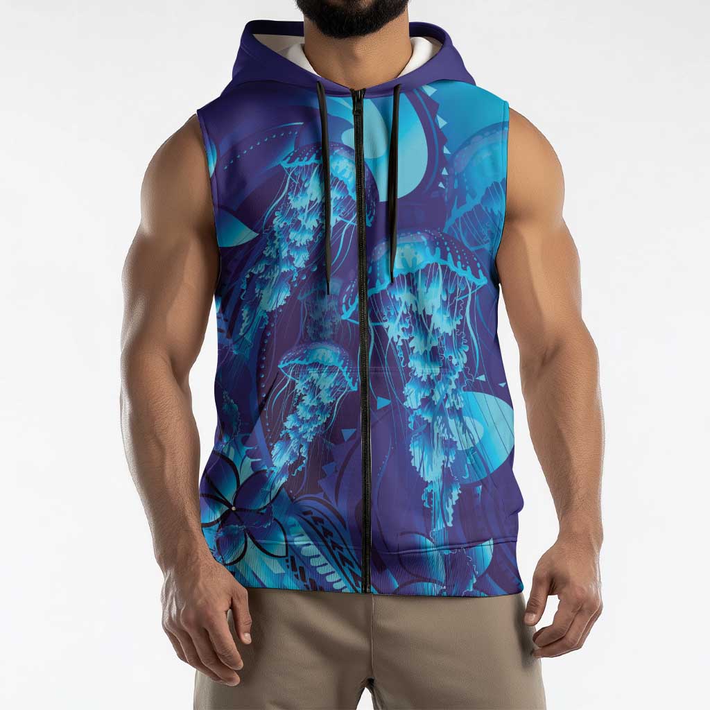 Purple Paradise Polynesia Jellyfish Sleeveless Zip Hoodie Plumeria Polynesian Tattoo Glowing Vibes LT14 - Polynesian Pride