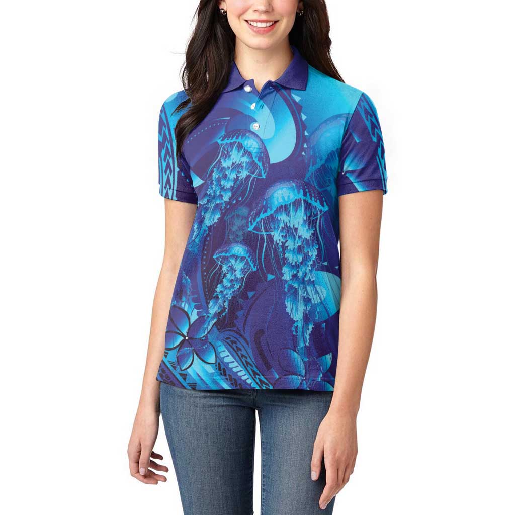 Purple Paradise Polynesia Jellyfish Women Polo Shirt Plumeria Polynesian Tattoo Glowing Vibes LT14 - Polynesian Pride
