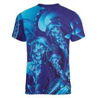Purple Paradise Polynesia Jellyfish Women V-Neck T-Shirt Plumeria Polynesian Tattoo Glowing Vibes LT14 - Polynesian Pride