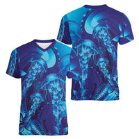 Purple Paradise Polynesia Jellyfish Women V-Neck T-Shirt Plumeria Polynesian Tattoo Glowing Vibes LT14 - Polynesian Pride