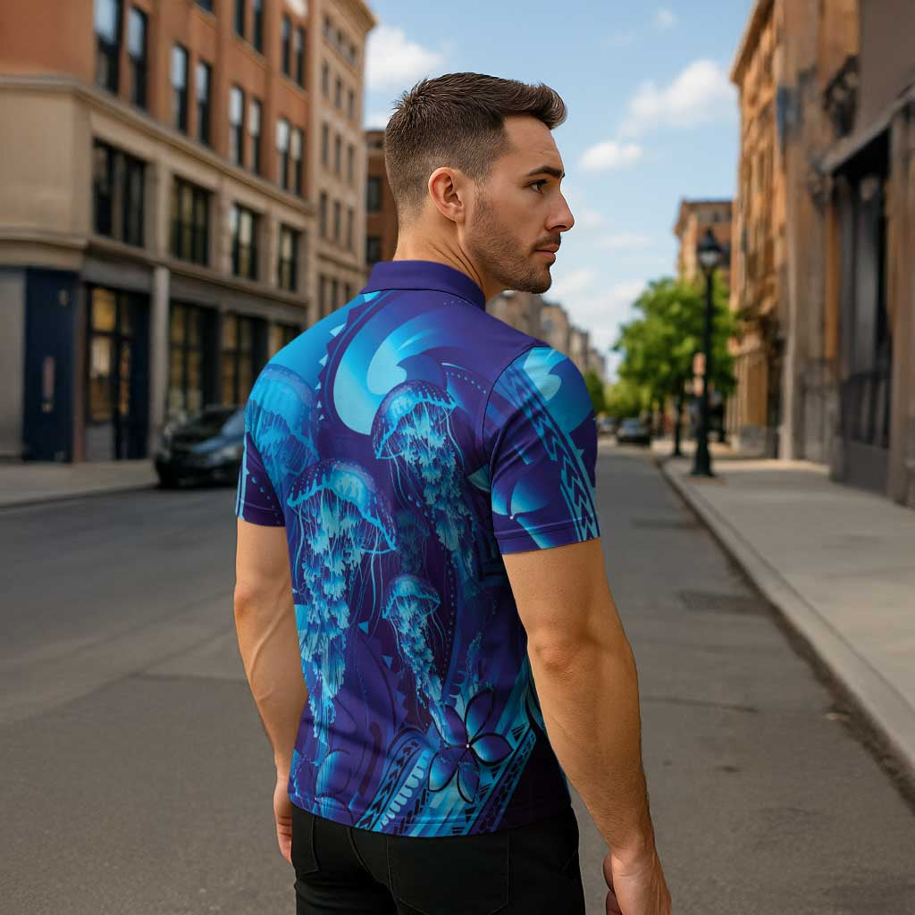 Purple Paradise Polynesia Jellyfish Zipper Polo Shirt Plumeria Polynesian Tattoo Glowing Vibes LT14 - Polynesian Pride