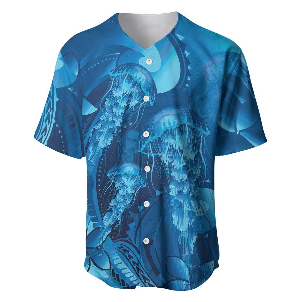 Blue Gradient Polynesia Jellyfish Baseball Jersey Plumeria Polynesian Tattoo Glowing Vibes
