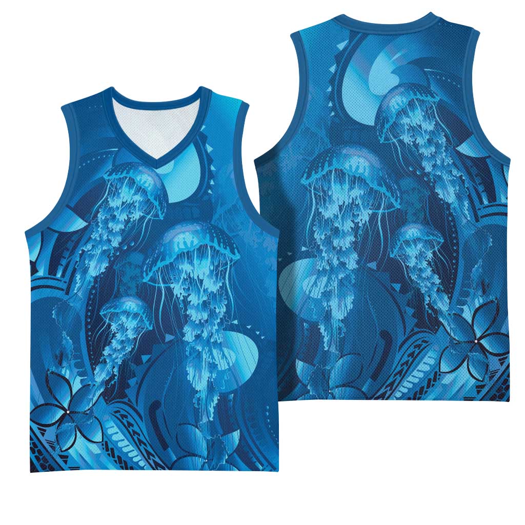 Blue Gradient Polynesia Jellyfish Basketball Jersey Plumeria Polynesian Tattoo Glowing Vibes