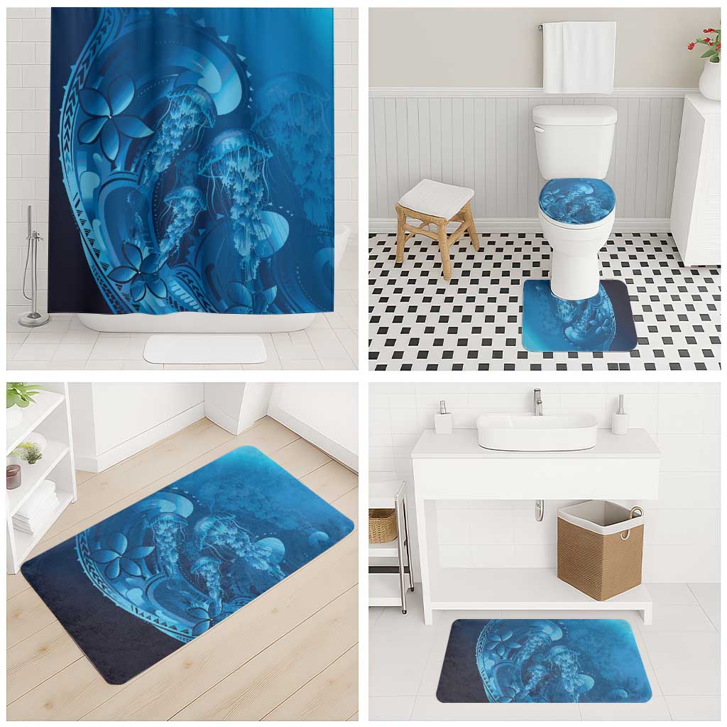 Blue Gradient Polynesia Jellyfish Bathroom Set Plumeria Polynesian Tattoo Glowing Vibes
