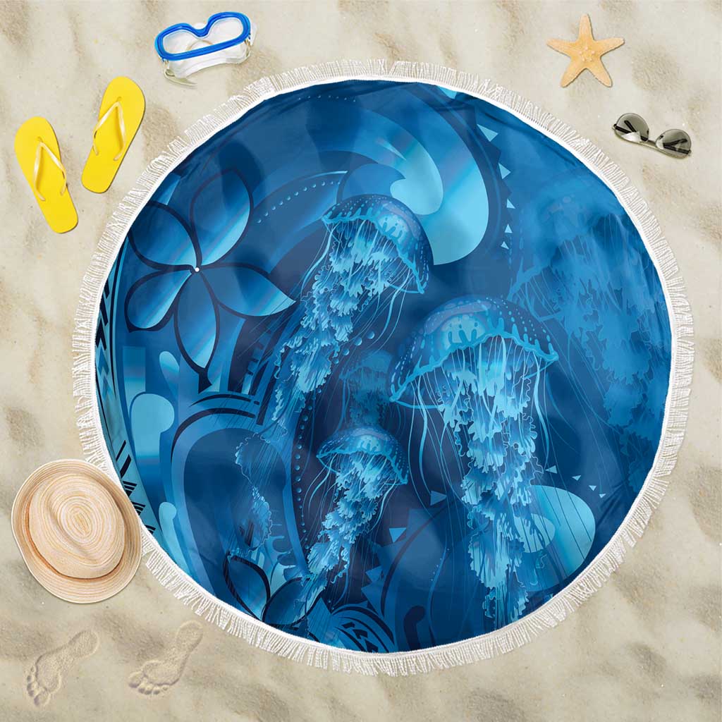 Blue Gradient Polynesia Jellyfish Beach Blanket Plumeria Polynesian Tattoo Glowing Vibes