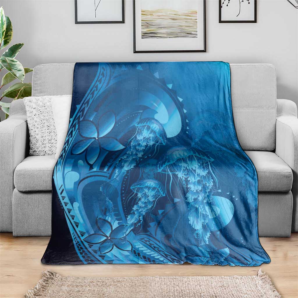 Blue Gradient Polynesia Jellyfish Blanket Plumeria Polynesian Tattoo Glowing Vibes