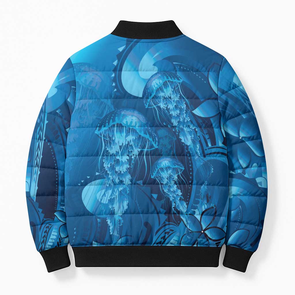 Blue Gradient Polynesia Jellyfish Bomber Puffer Jacket Plumeria Polynesian Tattoo Glowing Vibes