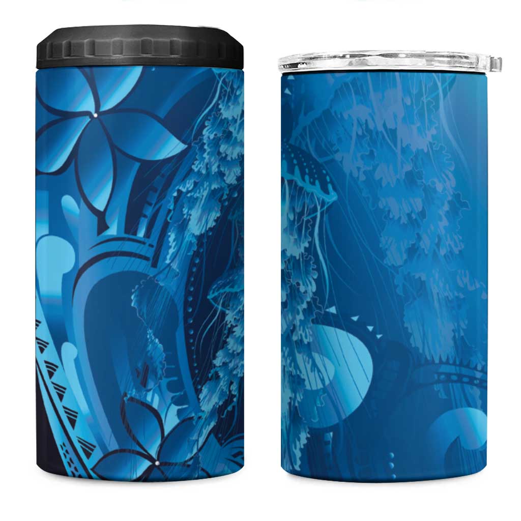 Blue Gradient Polynesia Jellyfish 4 in 1 Can Cooler Tumbler Plumeria Polynesian Tattoo Glowing Vibes LT14 One Size: 16 oz Blue - Polynesian Pride