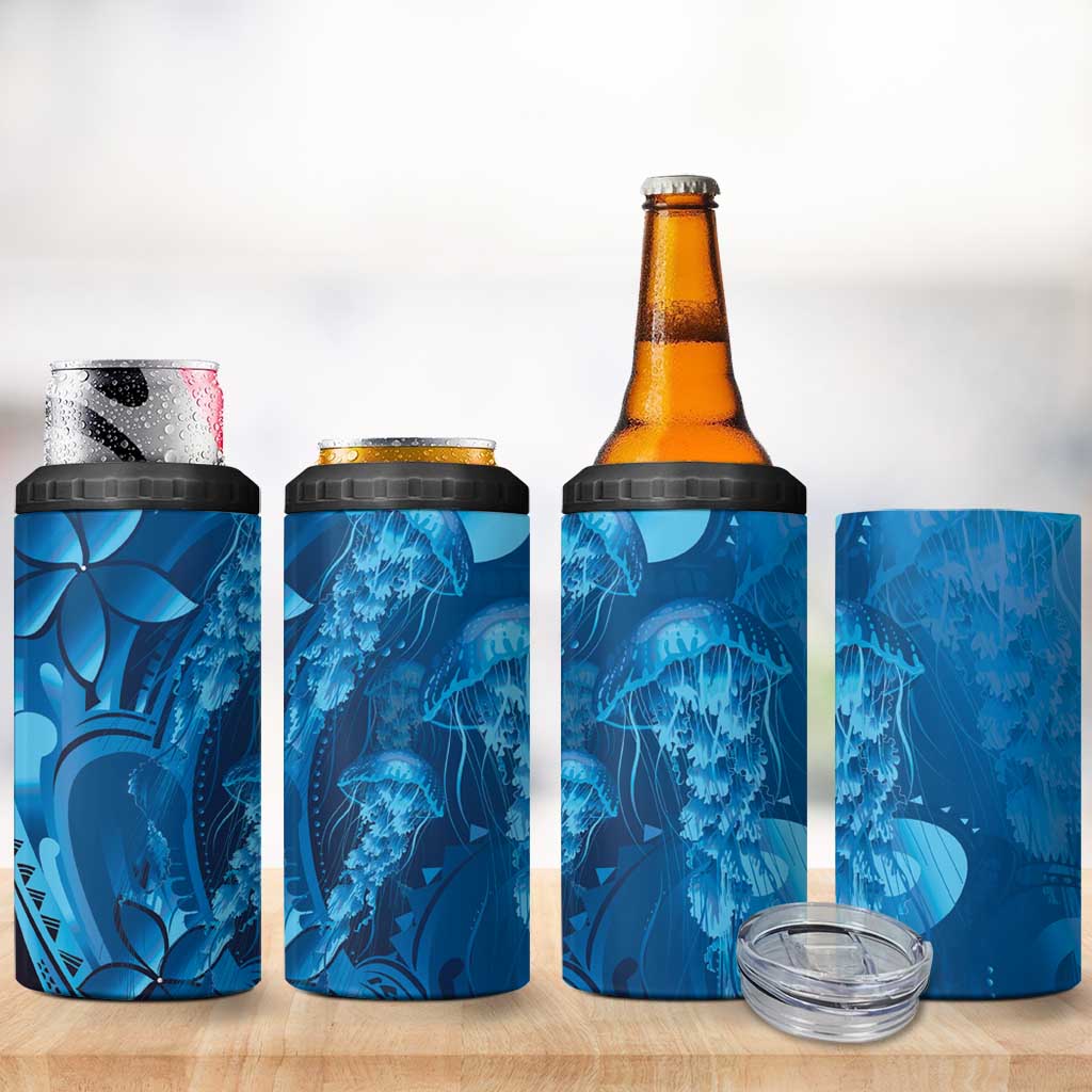 Blue Gradient Polynesia Jellyfish 4 in 1 Can Cooler Tumbler Plumeria Polynesian Tattoo Glowing Vibes LT14 - Polynesian Pride