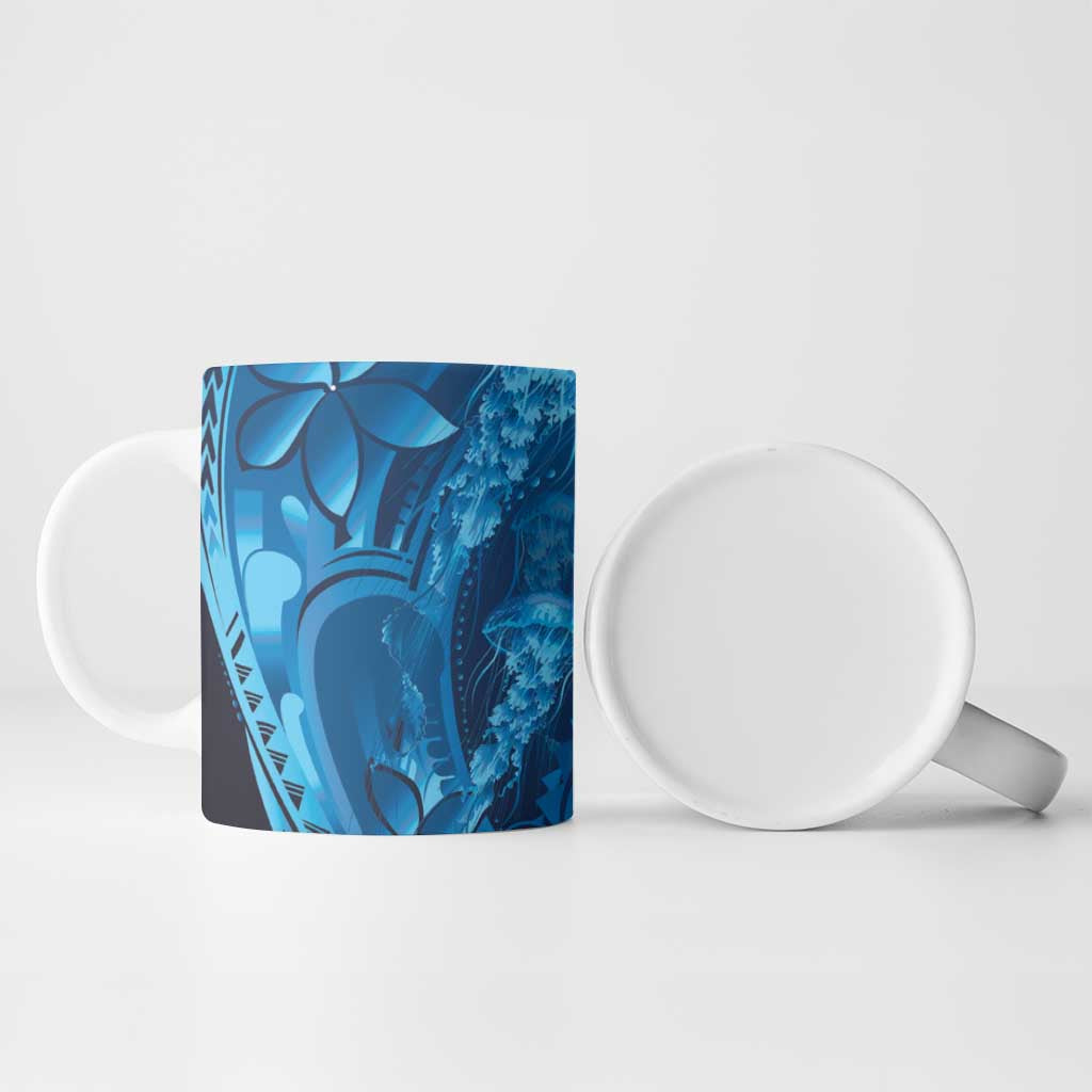 Blue Gradient Polynesia Jellyfish Ceramic Mug Plumeria Polynesian Tattoo Glowing Vibes