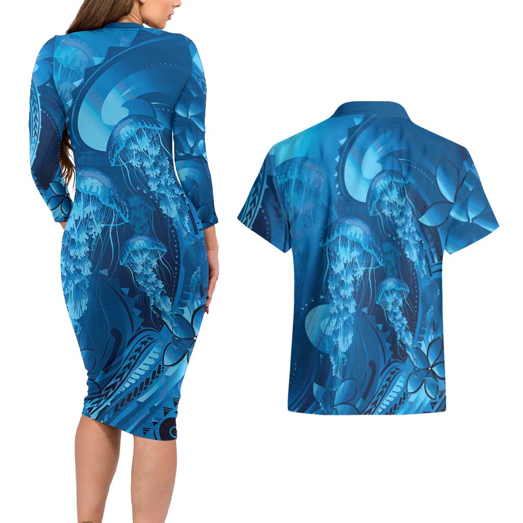Blue Gradient Polynesia Jellyfish Couples Matching Long Sleeve Bodycon Dress and Hawaiian Shirt Plumeria Polynesian Tattoo Glowing Vibes LT14 - Polynesian Pride
