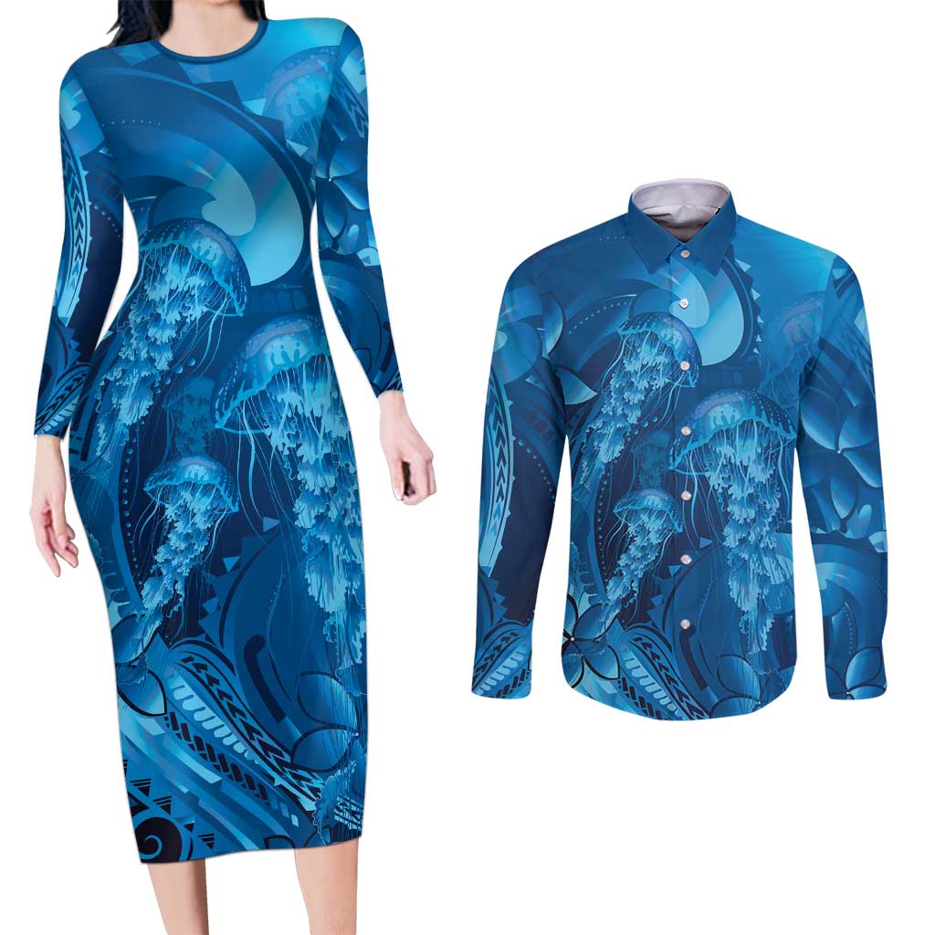 Blue Gradient Polynesia Jellyfish Couples Matching Long Sleeve Bodycon Dress and Long Sleeve Button Shirt Plumeria Polynesian Tattoo Glowing Vibes LT14 Blue - Polynesian Pride