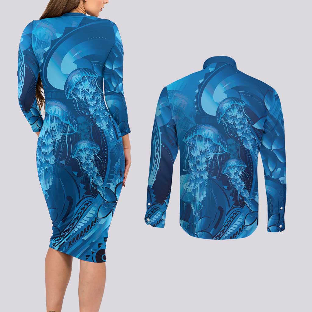 Blue Gradient Polynesia Jellyfish Couples Matching Long Sleeve Bodycon Dress and Long Sleeve Button Shirt Plumeria Polynesian Tattoo Glowing Vibes LT14 - Polynesian Pride