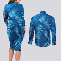 Blue Gradient Polynesia Jellyfish Couples Matching Long Sleeve Bodycon Dress and Long Sleeve Button Shirt Plumeria Polynesian Tattoo Glowing Vibes LT14 - Polynesian Pride