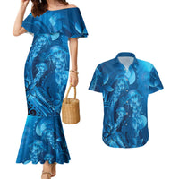 Blue Gradient Polynesia Jellyfish Couples Matching Mermaid Dress and Hawaiian Shirt Plumeria Polynesian Tattoo Glowing Vibes LT14 Blue - Polynesian Pride