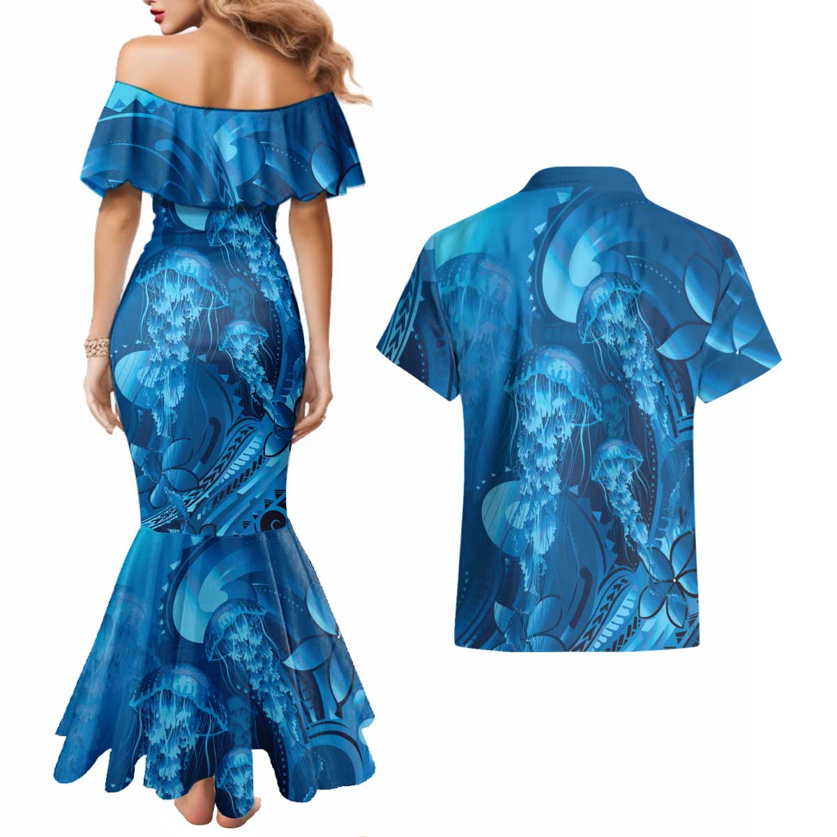 Blue Gradient Polynesia Jellyfish Couples Matching Mermaid Dress and Hawaiian Shirt Plumeria Polynesian Tattoo Glowing Vibes LT14 - Polynesian Pride
