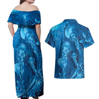 Blue Gradient Polynesia Jellyfish Couples Matching Off Shoulder Maxi Dress and Hawaiian Shirt Plumeria Polynesian Tattoo Glowing Vibes LT14 - Polynesian Pride