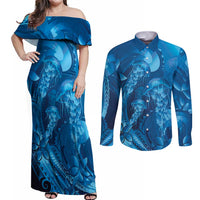 Blue Gradient Polynesia Jellyfish Couples Matching Off Shoulder Maxi Dress and Long Sleeve Button Shirt Plumeria Polynesian Tattoo Glowing Vibes