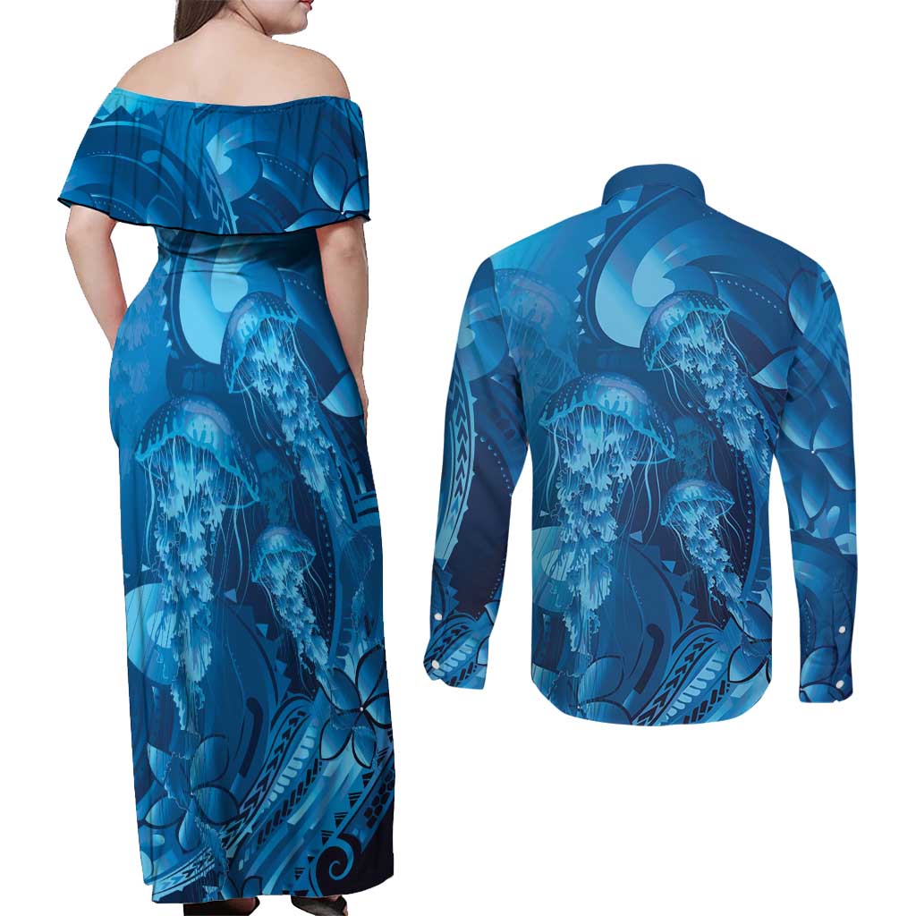 Blue Gradient Polynesia Jellyfish Couples Matching Off Shoulder Maxi Dress and Long Sleeve Button Shirt Plumeria Polynesian Tattoo Glowing Vibes