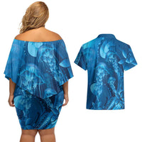 Blue Gradient Polynesia Jellyfish Couples Matching Off Shoulder Short Dress and Hawaiian Shirt Plumeria Polynesian Tattoo Glowing Vibes LT14 - Polynesian Pride