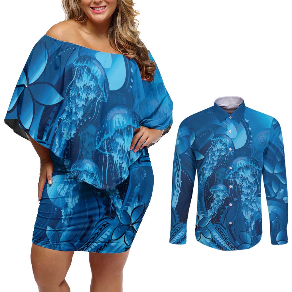 Blue Gradient Polynesia Jellyfish Couples Matching Off Shoulder Short Dress and Long Sleeve Button Shirt Plumeria Polynesian Tattoo Glowing Vibes LT14 Blue - Polynesian Pride