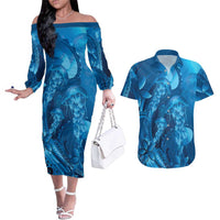 Blue Gradient Polynesia Jellyfish Couples Matching Off The Shoulder Long Sleeve Dress and Hawaiian Shirt Plumeria Polynesian Tattoo Glowing Vibes LT14 Blue - Polynesian Pride